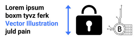 Padlock with upward and downward arrows nearby, bitcoin symbol connected to circuitry. Ideal for cybersecurity, finance, blockchain, digital currency, data protection, online trading, tech blogsのイラスト素材