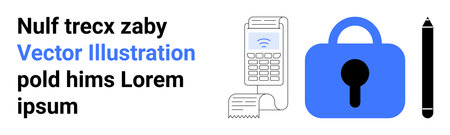 Payment terminal with receipt, blue padlock with keyhole, black pen next to placeholder text. Ideal for digital security, payment solutions, advertising, infographics, tech articles, e-commerceのイラスト素材