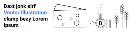Cheese wedge, bitcoin mining rig, wheat stalks in simple outline. Ideal for agriculture, blockchain tech, food industry, cryptocurrency, minimalist designs, educational purposes, infographic. Landingのイラスト素材