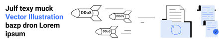 Three missiles labeled DDoS heading toward a file icon with security symbol, emphasizing cyber attack. Ideal for cybersecurity, web safety, IT, network protection, online security, data protectionのイラスト素材