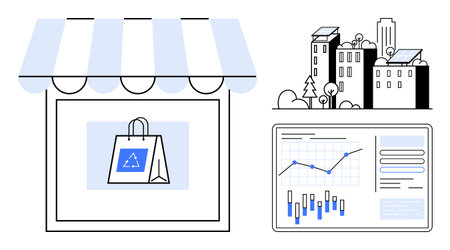 Storefront with awning, eco-friendly shopping bag, city buildings with solar panels, data analytics dashboard. Ideal for sustainability, retail, business growth, smart cities, green energyのイラスト素材