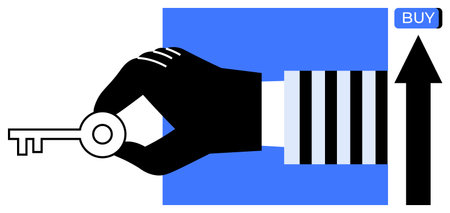 Hand holding key near upward arrow and buy button. Ideal for investment, real estate, success, e-commerce, security, financial growth, business growth. Line metaphorのイラスト素材