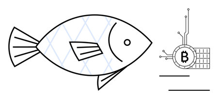 A simple black and white line drawing of a fish next to a Bitcoin symbol integrated with a blockchain design. Ideal for technology, cryptocurrency, blockchain, marine, financial industriesのイラスト素材