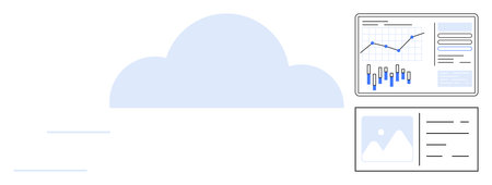 Central cloud icon surrounded by data charts, graphs, and image thumbnails representing cloud...