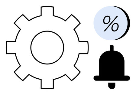 Gear symbol for settings, bell icon for notifications, percentage sign for analytics or statistics. Ideal for business, productivity, finance, technology, user interface design, mobile applicationsのイラスト素材