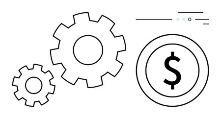 Two interlocking gears adjacent to a dollar symbol. Ideal for business strategy, economics, financial planning, productivity, industrial processes, project management, and innovation concepts. Lineのイラスト素材
