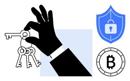 Hand holding keys next to a security shield with a lock and a Bitcoin symbol. Ideal for digital security, privacy, cryptocurrencies, blockchain, asset protection, online safety, data encryption. Lineのイラスト素材