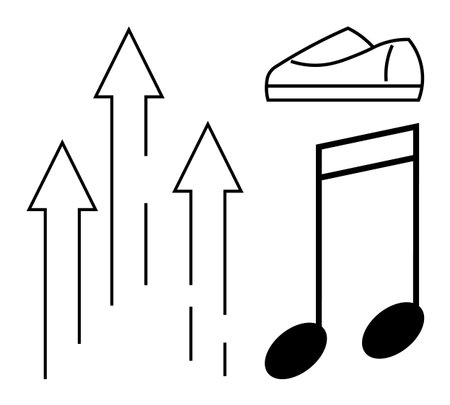 Upward arrows, music notes, and a shoe convey themes of progress, creativity, and action. Ideal for business growth, music events, fitness motivation, creative projects, social media, advertisingのイラスト素材