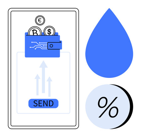 Digital wallet with Bitcoin, Euro, and Dollar coins. Flow arrows indicate transaction movement. Blue tear-shaped icon and percentage symbol. Ideal for finance, crypto, investing, transactionsのイラスト素材