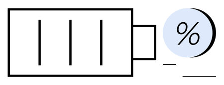 Battery icon indicating full charge beside a percentage symbol. Ideal for technology, energy, power management, devices, efficiency, sustainability, charging status. Line metaphorのイラスト素材