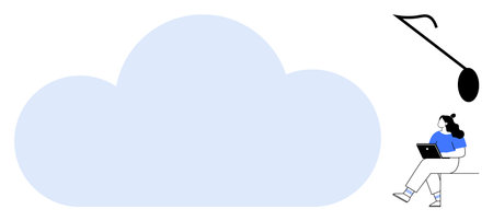 Large blue cloud, person with laptop, and hanging lamp. Ideal for cloud technology, remote work, modern lifestyle, digital collaboration, data storage, tech innovations, and online education. Lineのイラスト素材