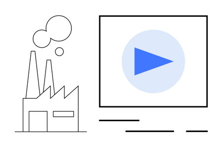 Factory with smoke stacks beside a video play button on screen, symbolizing digitization and automation in industry. Ideal for technology, manufacturing, online tutorials, digital transformationのイラスト素材