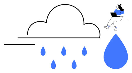 Person working on laptop under stylized cloud with raindrops and large water droplet. Ideal for remote work, weather apps, cloud computing, online learning, digital nomads, productivityのイラスト素材