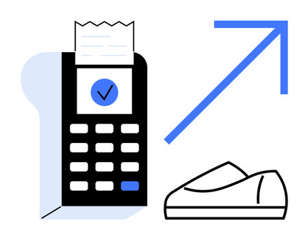 Receipt printed from a POS terminal with a blue checkmark, a right-pointing blue arrow indicating growth, and a shoe. Ideal for retail, sales growth, financial success, e-commerce, market trendsのイラスト素材