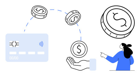 Contactless payment using a credit card and coins being exchanged. Ideal for finance, transactions, contactless payments, digital banking, and modern financial systems. Minimalist vector styleのイラスト素材