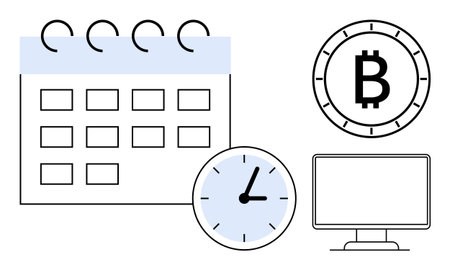 Calendar, clock, Bitcoin symbol, and computer monitor illustrating business scheduling, time management, and digital economy. Ideal for business, finance, technology, scheduling cryptocurrencyのイラスト素材