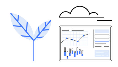 Two blue leaves symbolize growth beside a data analytics dashboard under a cloud outline. Ideal for sustainability, technology, environmental conservation, data analysis, hybrid solutionsのイラスト素材