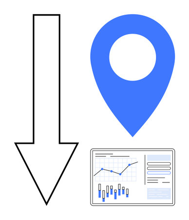 Downward arrow, blue location pin, and analytics dashboard interface with charts and graphs. Ideal for business analysis, market trends, data visualization, geographic location tracking, performanceのイラスト素材
