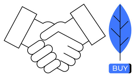 Handshake representing a business agreement alongside a blue leaf icon and a BUY button. Ideal for business deals, partnerships, eco-friendly commerce, sustainable practices, online shoppingのイラスト素材