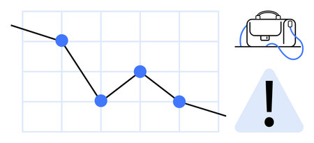 Line graph trending down, pointing directly to a briefcase. Exclamation caution marker in triangle beside the briefcase. Ideal for financial reports, business alerts, risk analysis, market trendsのイラスト素材
