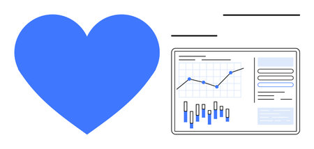 Blue heart symbol next to a digital analytics dashboard displaying growth charts and graphs. Ideal for healthcare, fitness, wellness, data analysis, digital marketing, business growth, technologyのイラスト素材