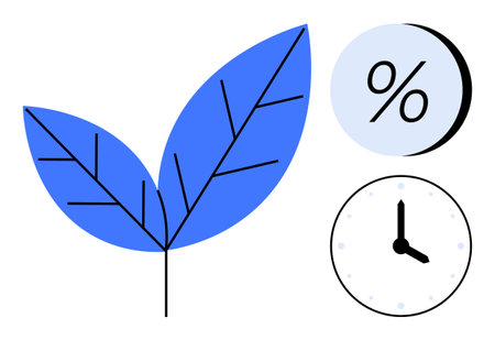 Blue leaf with veins, percentage sign in a circle, and clock face indicating 900. Ideal for topics on growth, time management, efficiency, productivity, sustainability, environmental awarenessのイラスト素材