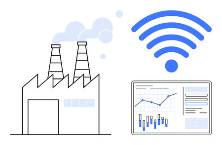 Factory building with smoke stacks, wireless signal icon, and data analytics on a tablet screen. Ideal for smart manufacturing, IoT, industrial automation, technology integration, data-drivenのイラスト素材
