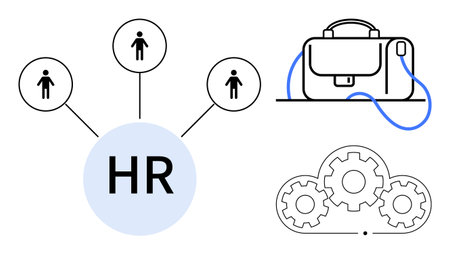 Human resource network with central HR node connected to people icons, briefcase, and gears. Ideal for HR management, employee relations, recruitment, business, corporate training, careerのイラスト素材