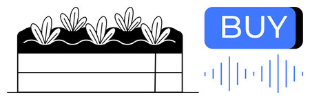 Schematic of crop field with soil layers and plants next to a blue voice-activated BUY button with sound waves. Ideal for agriculture tech, e-commerce, smart farming, IoT, AI applicationsのイラスト素材