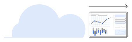 Cloud shape with arrow pointing to data charts on screen, indicating data transfer. Ideal for cloud computing, data analysis, digital transformation, business analytics, tech innovation, onlineのイラスト素材