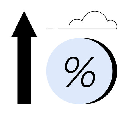 Black arrow points upward next to a cloud and percentage symbol in a blue circle. Ideal for business growth, market analysis, financial trends, progress tracking, success metrics, economic graphsのイラスト素材