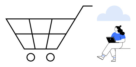 Woman sitting with laptop, shopping online next to giant shopping cart and cloud icon. Ideal for e-commerce, online shopping, cloud computing, digital marketing, remote work, lifestyle, modernのイラスト素材