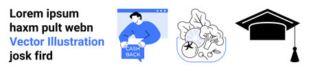 Cashback concept with person holding Cash Back sign, educational symbols and graduation cap. Ideal for financial services, online learning, educational apps, reward programs, student portals, courseのイラスト素材