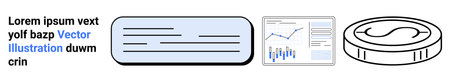 Fintech elements featuring text blocks, user interface cards, analytics chart, and coin icons. Ideal for finance, tech, UI, analytics, data visualization, mobile apps, and banking themes. Landingのイラスト素材