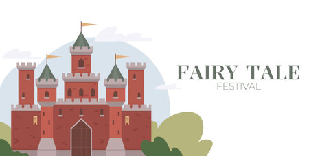 Red medieval castle with grey towers and yellow flags surrounded by greenery under a cloudy sky with Fairy Tale Festival text on the right side. Ideal for children events, storybook themesのイラスト素材