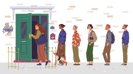 A diverse group of six people, including a woman with a dog, are lined up outside a building with a green door. Ideal for community, diversity, urban life, social interaction, inclusivity. Modernのイラスト素材