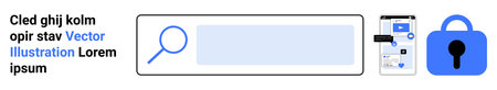 Magnifying glass inside a search bar, smartphone displaying mobile applications, blue lock icon for security. Ideal for technology, online security, search engines, internet safety, mobile appsのイラスト素材