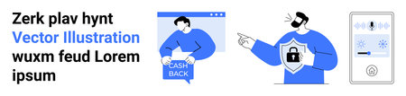 Cash-back website, security figure with shield and lock, smartphone voice control. Ideal for finance, e-commerce, cyber security, user interface, smart home, tech tutorials, promotional materialsのイラスト素材