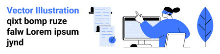 Woman working at computer with documents, checkmarks, checklists, plant. Ideal for business, office, strategy, workspace design, presentations, marketing materials, company website landing pageのイラスト素材