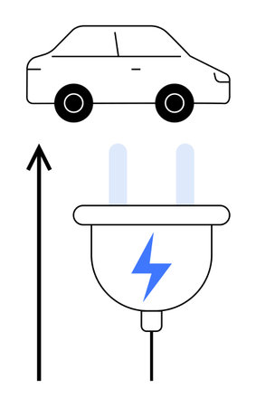 Car outline above a plug with a lightning bolt, arrow pointing up. Ideal for sustainability,...