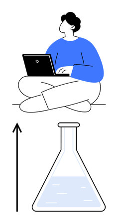 Person sitting with laptop flask below upward arrow. Ideal for innovation, education, research, growth, technology, science, progress. Line metaphorのイラスト素材