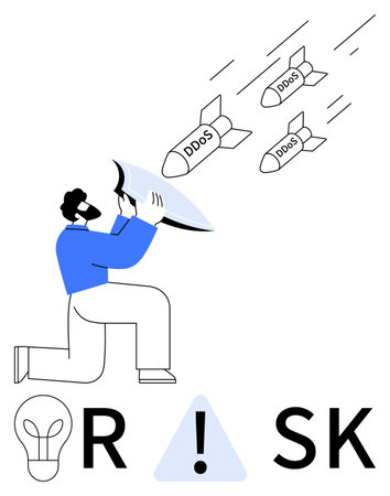 Man kneeling, holding shield up to defend against incoming DDoS missiles above. Ideal for cybersecurity, risk management, data protection, IT security, threat defense, internet safety, digital riskのイラスト素材