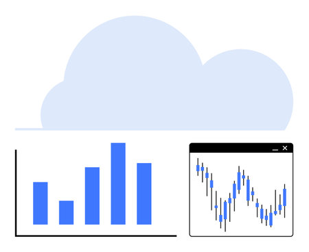 Cloud with blue bar graph and stock market chart. Ideal for data analysis, cloud computing, business, finance, forecasting, technology, and market trends. Line metaphorのイラスト素材
