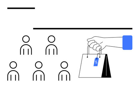 Six simple figures, a hand holding a discount-tagged shopping bag. Ideal for marketing, e-commerce,...