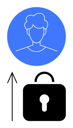 User profile icon in blue circle with upward arrow pointing to a black lock. Ideal for cybersecurity, user authentication, data protection, privacy, account security, digital identity, secure accessのイラスト素材