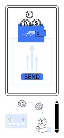 Digital wallet with coins, SEND button on smartphone screen, credit card, hand receiving payment,...