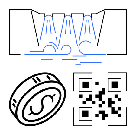 Flowing digital data represented as streams connecting to conventional currency and QR code,...