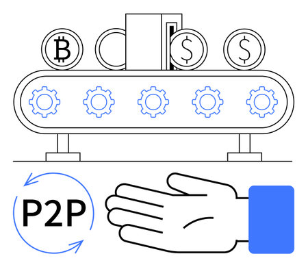 Automated conveyor with Bitcoin and Dollar coins, 5 gears, outstretched hand, P2P symbol. Ideal for blockchain, cryptocurrency, peer-to-peer, technology, automation financial systems digitalのイラスト素材