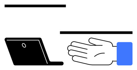 Outstretched hand with blue sleeve reaching towards a black laptop separated by horizontal lines. Ideal for technology, communication, modern work, digital interaction, accessibility, connectionのイラスト素材