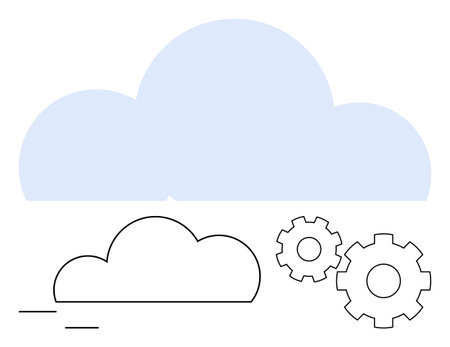 Two gear icons beside simple cloud illustrations. Ideal for cloud services, technology, software development, IT infrastructure, automation, industry 4.0 online platforms. Line metaphorのイラスト素材